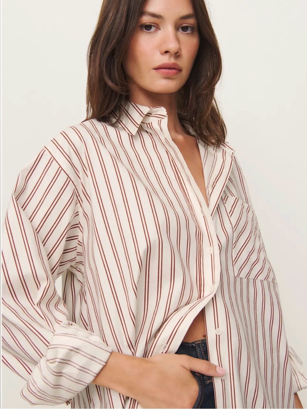 REFORMATION Eli Oversized Cotton Blend Button Down August Stripe Shirt | Size L